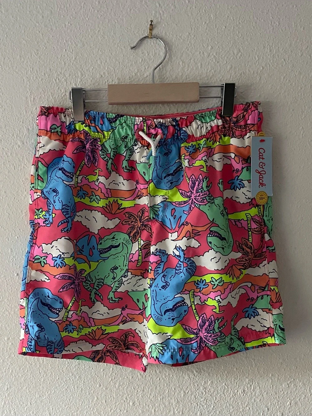 NWT Cat & Jack Boys XL 14 Dinosaur Swim Trunks Pink Tropical UPF 50+ Beach